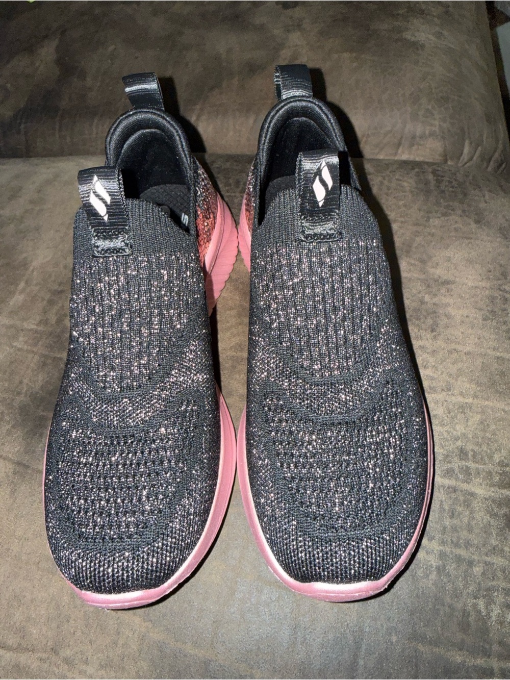 Skechers Black Knit Slip-On Sneakers with Pink Soles